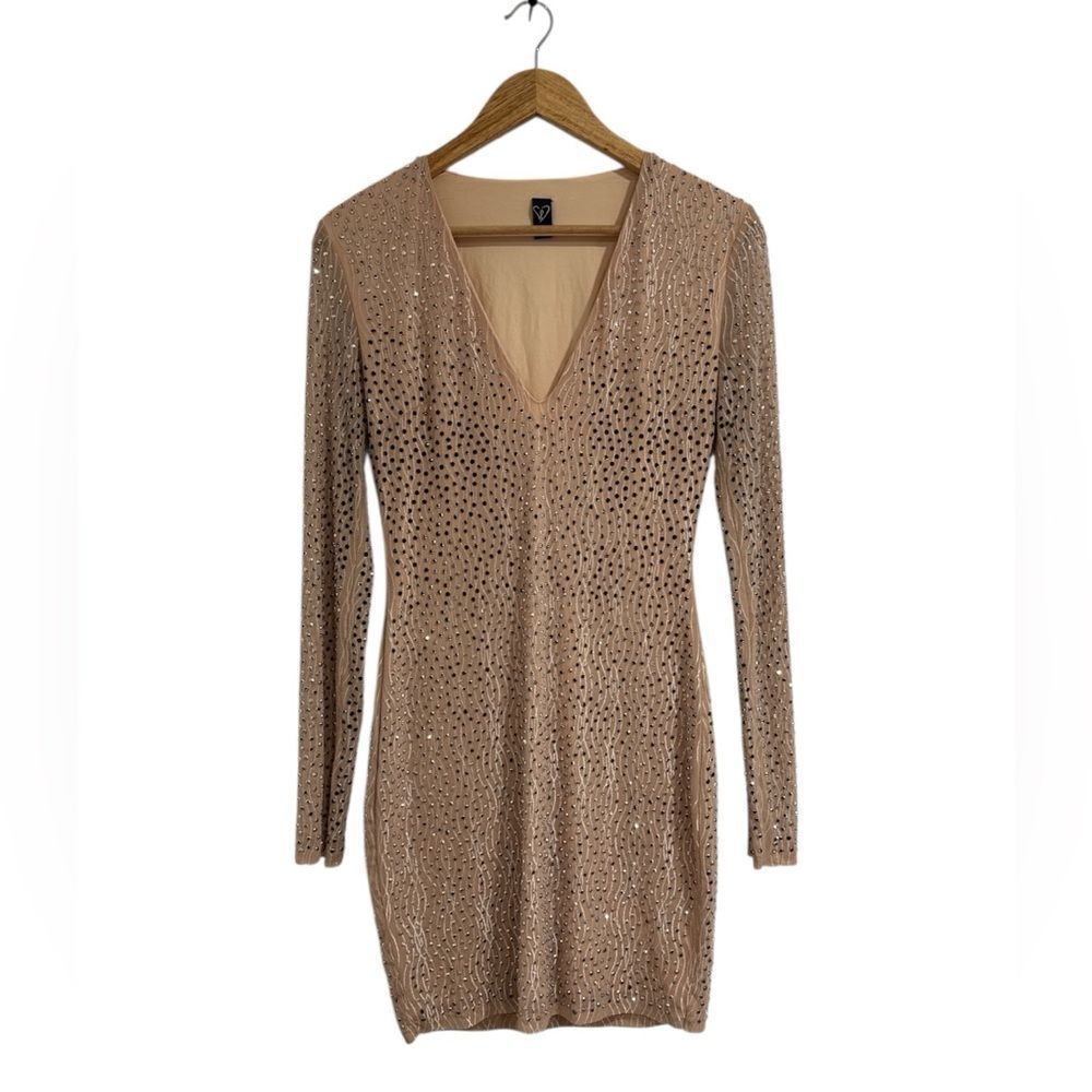 Windsor Sequin V-Neck Long Sleeve Dress - Tan EUC